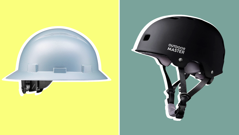 Two product shots of a hardhat and helmet from Acerpal and OutdoorMaster.