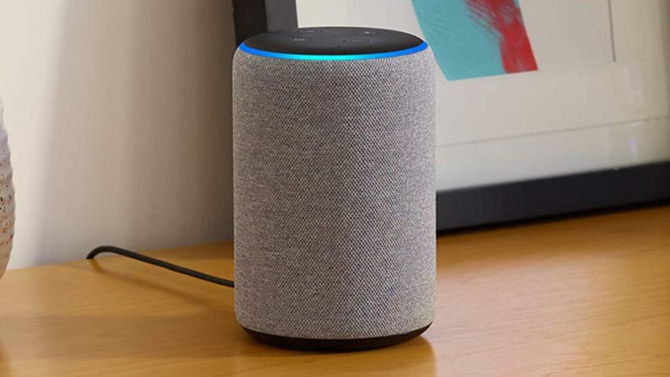 Amazon Echo Plus smart speaker actively listening with blue indicator light illuminated