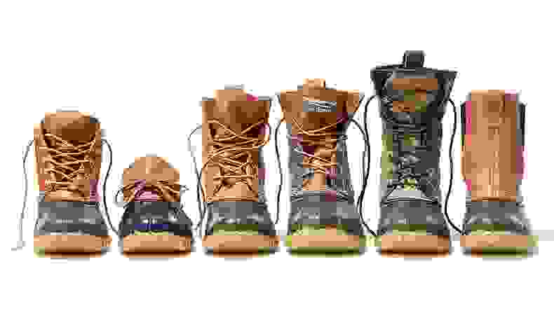 Six L.L. bean boots arranged in a row