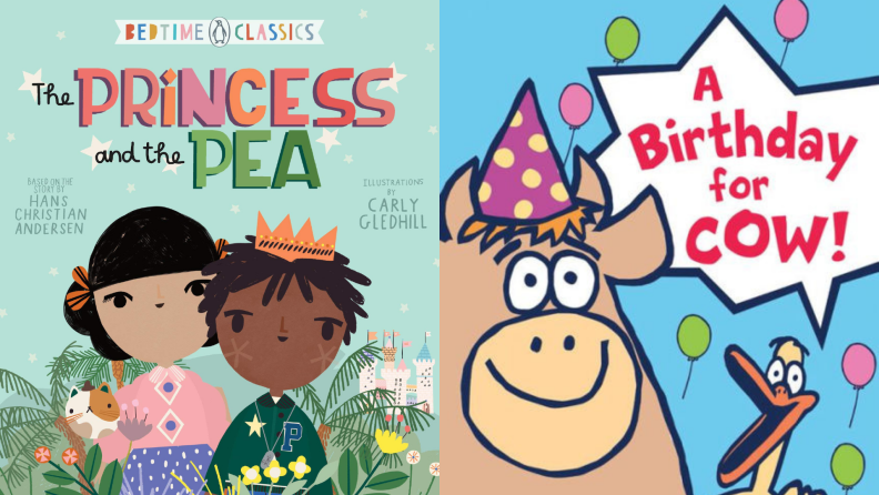 On left, cover of children's book version of "The Princess and The Pea." On right cover of children's book, "Birthday for Cow."