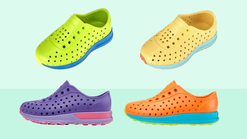 Four samples of Robbie shoes in green, yellow, purple, and orange.