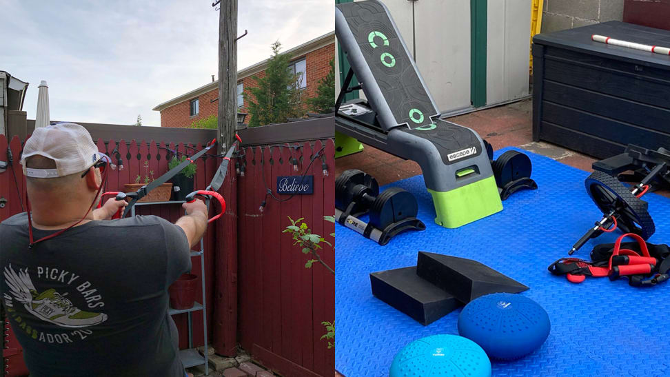 Right: Man using suspension trainer outside. Left: Backyard gym.