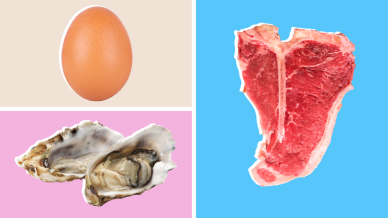 Collage of raw eggs, oysters and red meat steak.