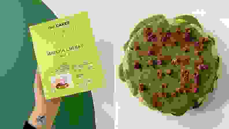Left: A person holds a green box containing matcha cherry cake mix. Right: A top-down photo of the finished matcha cherry cake, topped with matcha glaze and freeze-dried cherries.