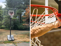 院子里的篮球框和可调节的篮球框