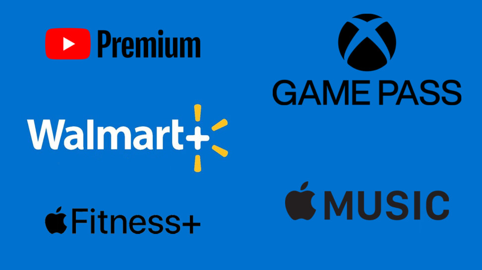 Walmart Plus logo with Apple Music logo, Apple Fitness Plus logo, Youtube Premium logo, and Xbox Game Pass logo