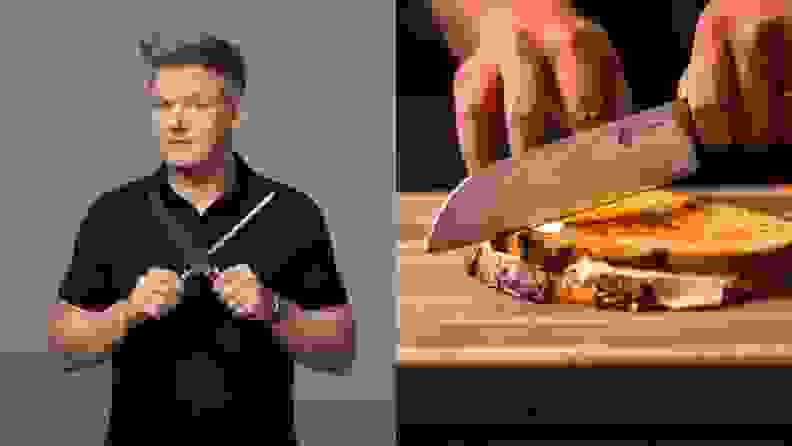 On left, Gordon Ramsay holding two knives in X shape. On right, a HexClad knife cutting into a grilled cheese sandwich.