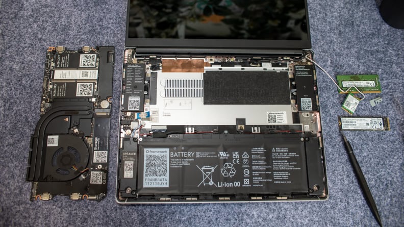 Overhead shot of the bare laptop with the mainboard taken out.