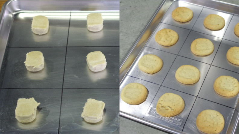 Left: Unbaked cookies in a grid on a baking sheet. Right: the same cookies, baked.