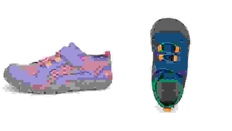 A purple and blue pair of kids' shoes