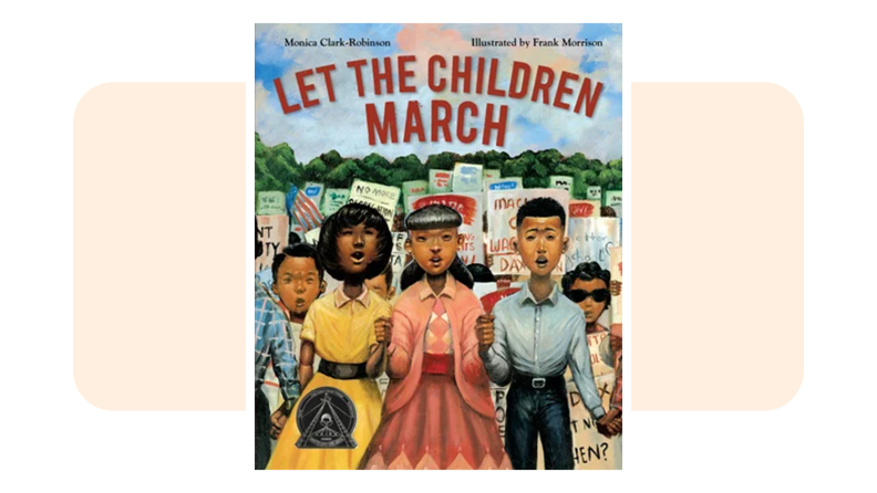 The cover of Let the Children March showing an illustration of Black children marching in Birmingham.