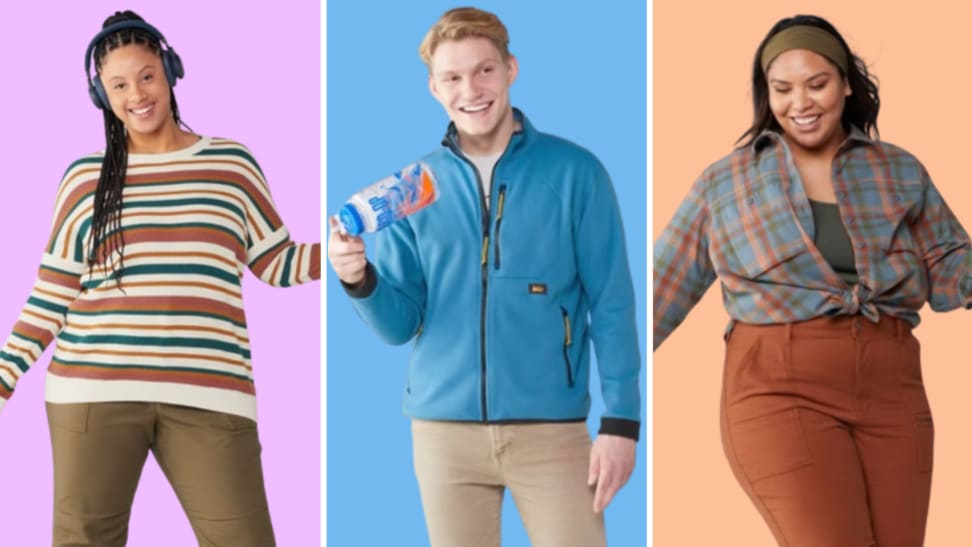 Photo of three models wearing REI Co-op clothing on a colored background.