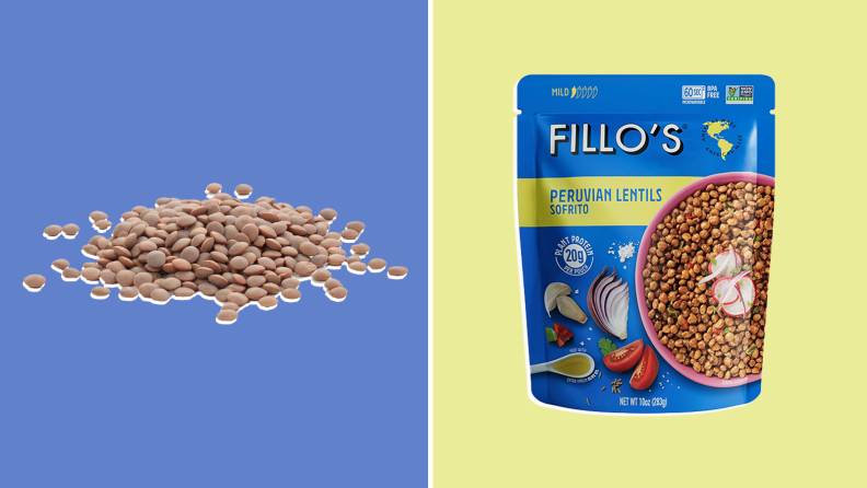 A pile of lentils next to a blue bag of Fillo's Peruvian Lentils Sofrito.