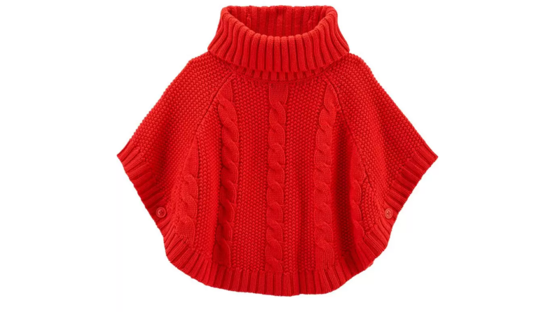 An image of a bright red knitted poncho for toddlers.