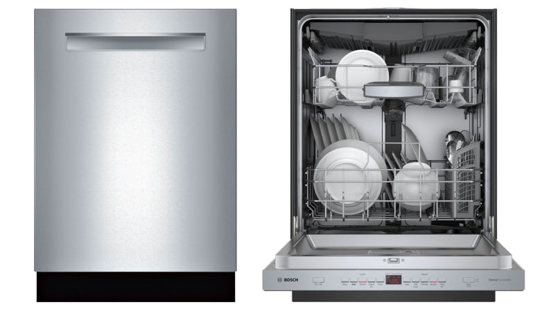 The Bosch SHPM65Z55N dishwasher shown opened and closed on a white background.