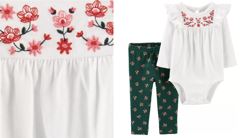 A two-piece green, white, and pink baby outfit
