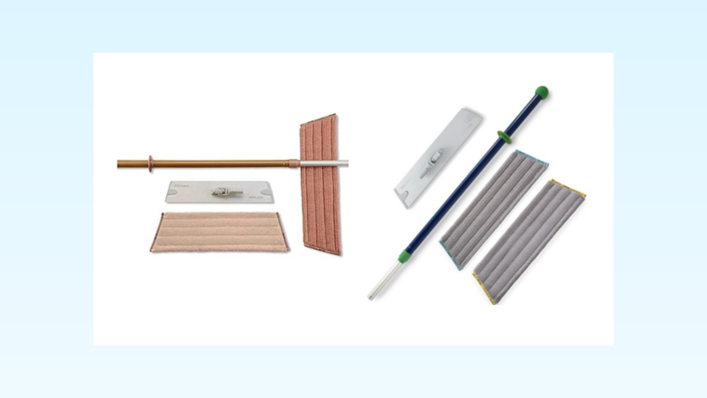 a variety of mop pads and poles on a white and blue background