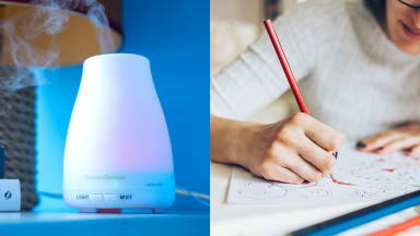 A photo of an oil diffuser next to a photo of a woman coloring.