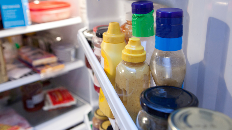 Most condiments are safe to be stored on the fridge door.