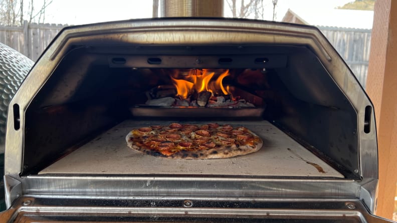 A cooked pepperoni pizza in the Ooni Karu 16 oven.