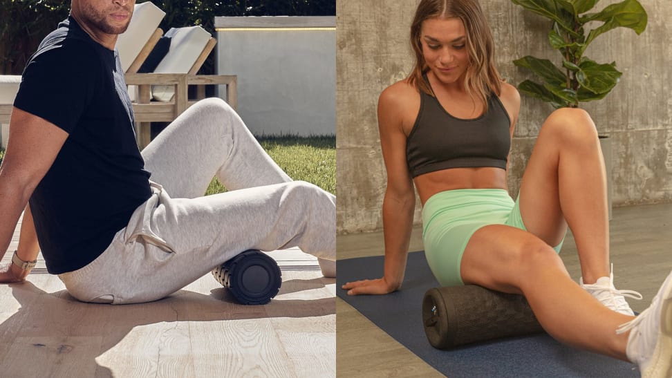 A man and a woman using foam rollers on their hamstrings.