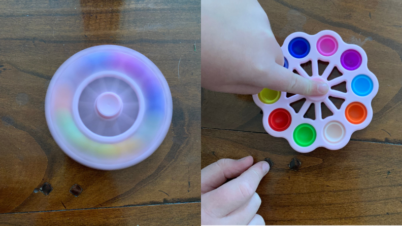 two images side by side, first of a spinning pop-it and the other of a pop-it spinner hybrid with rainbow colored pops