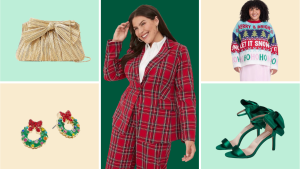 A pleated gold clutch, stud earrings that look like wreaths with red bows, a model wearing a red plaid suit, a model wearing an ugly Christmas sweater, and a pair of green satin heels with ribbon bows on the back.