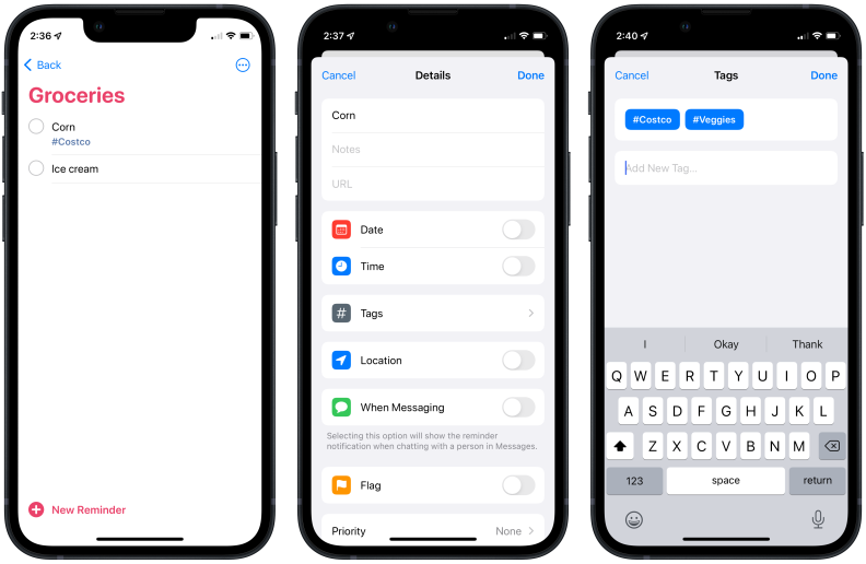 A mockup of three iPhones next to each other, showing screenshots of a Grocery list in the Reminders app, the details of a reminder in the list, and the Tags menu.