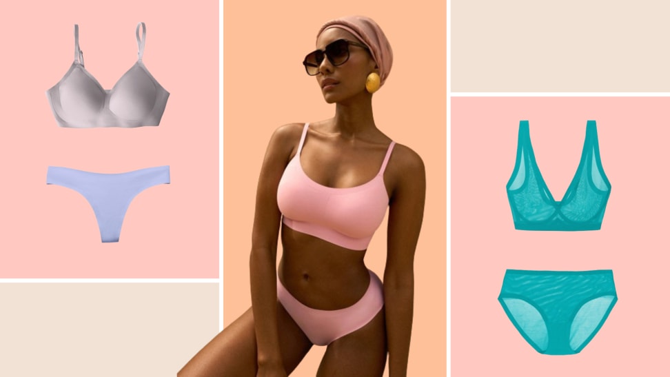 Collage of a model wearing a matching pink underwear set, and also two underwear sets in beige, lavender, and teal on either side of the model.