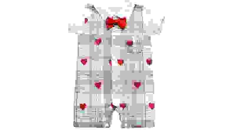Children's onesie with bowtie and red printed heart.
