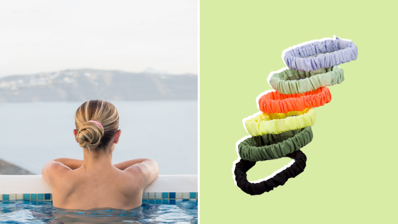Person perched on edge of swimming pool. On right, Lululemon's multi-colored skinny scrunchies.