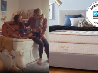 Two people sitting on a Saatva mattress next to a photo of a Saatva mattress with blankets and pillows on it.