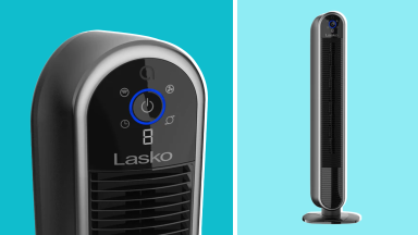 A close-up of the control buttons on the top of the Lasko fan and another full-length view of the Lasko fan on a blue background.