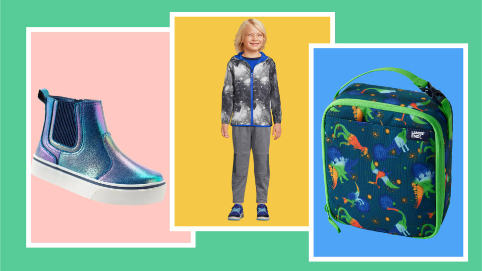 A pair of shimmery booties, a blonde child with a supernova covered jacket, and a dino-covered lunchbox.