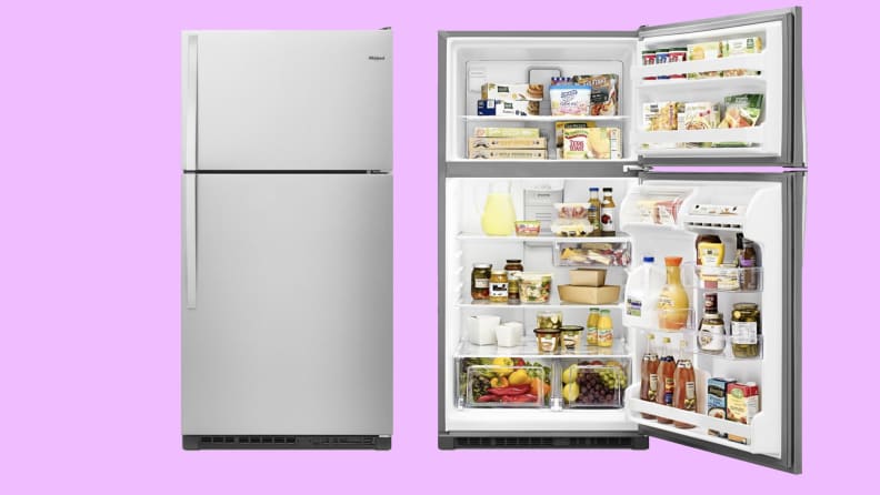 Two images of the Whirlpool WRT311FZDM top-freezer refrigerator, one with its door closed and the other with its door open, showcasing a fully-stocked interior.