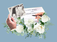 Collage of flowers, a person holding a photograph and a document of a last will and testament.