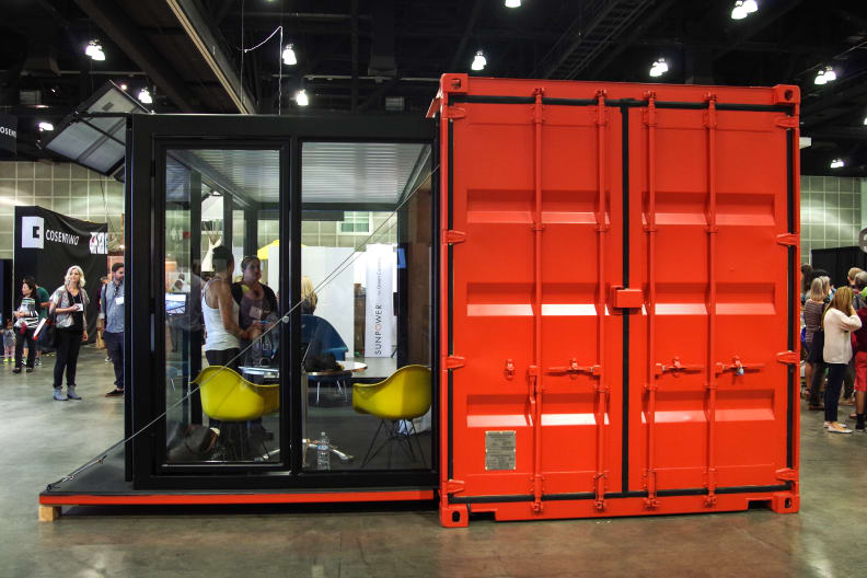 Container house with doors open