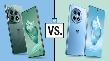 An image of the OnePlus 12 and One Plus 12R side-by-side on a green and blue background.
