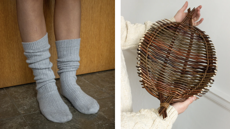A pair of cashmere socks and a wicker basket