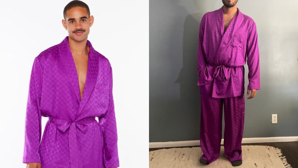 Man modeling off purple Savage X Fenty sleepwear smoker's jacket and pants.