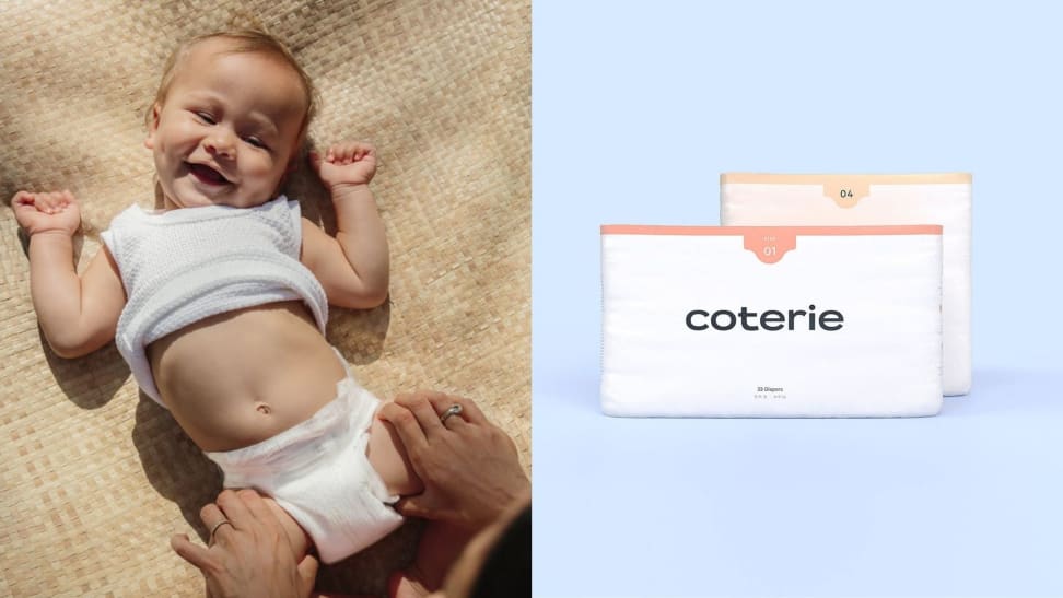 On the left: a baby laying on his back wearing diapers. On the right: A package of Coterie diapers on a blue background.
