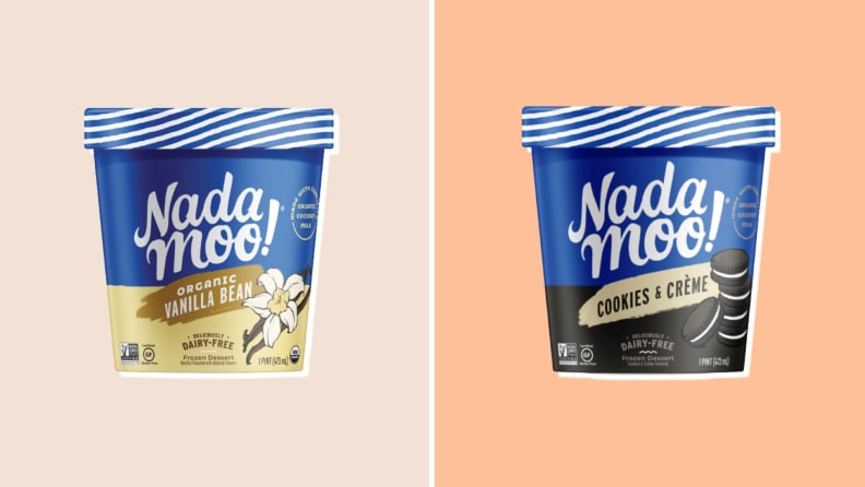 Two pints of dairy free ice cream from NadaMoo side by side.