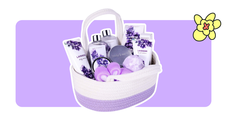 A basket of lavender bath products