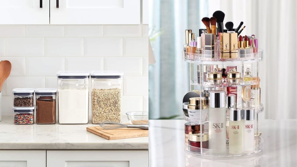 Left: OXO pantry storage containers on cabinet; Right: Rotating makeup organizer on table with makeup inside it