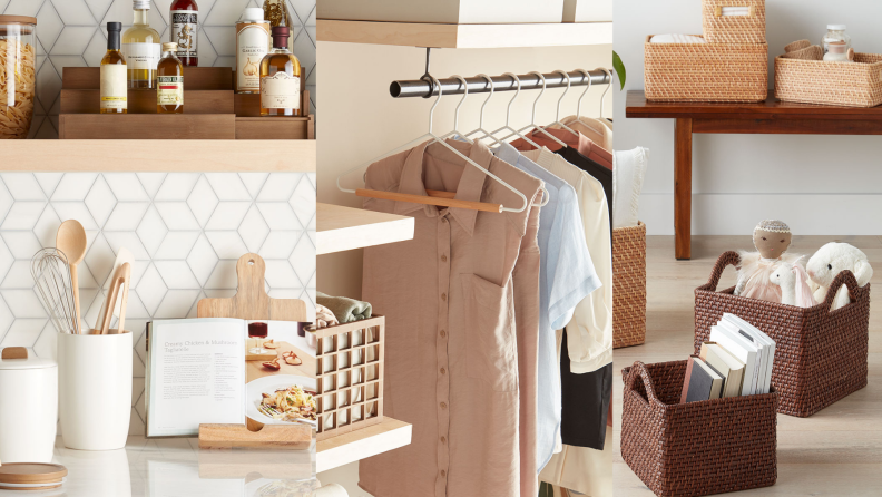 On left, kitchen organizers on countertop. In middle, organizers in closet next to clothes. On right, two whicker baskets filled toys and books in living room.