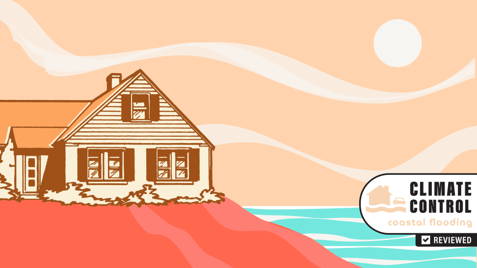Cartoon of home sitting on cliff above open body of water.