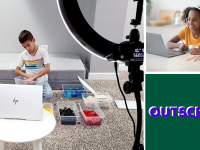 On left, small child working with colorful assembly blocks. On top right, small child smiling while wearing headphones and working on homework in front of laptop computer. On bottom right, Outschool logo.