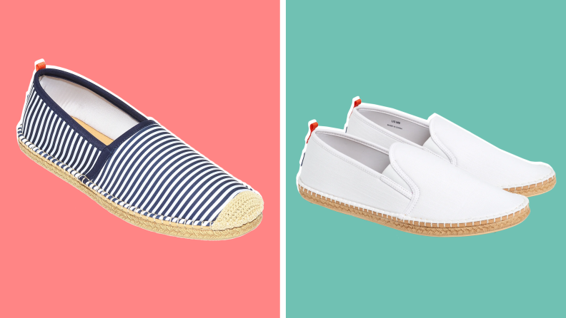 A pair of white slip-on espadrilles and a blue and white striped espadrille.