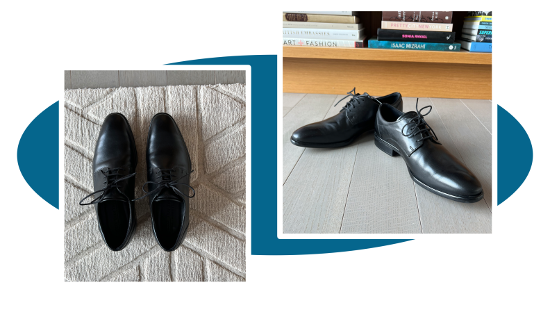 Two vies of black dress shoes.