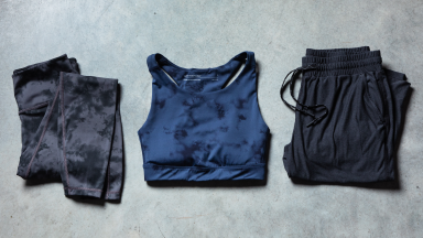A row of comfortable joggers, sports bra, and bottoms.